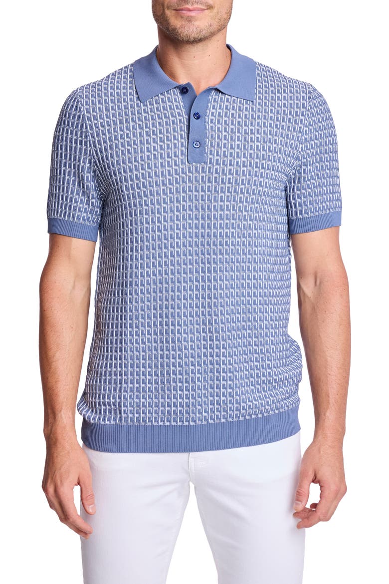 Trim Fit Geometric Knit Polo, Main, color, DUSTY BLUE & WHITE