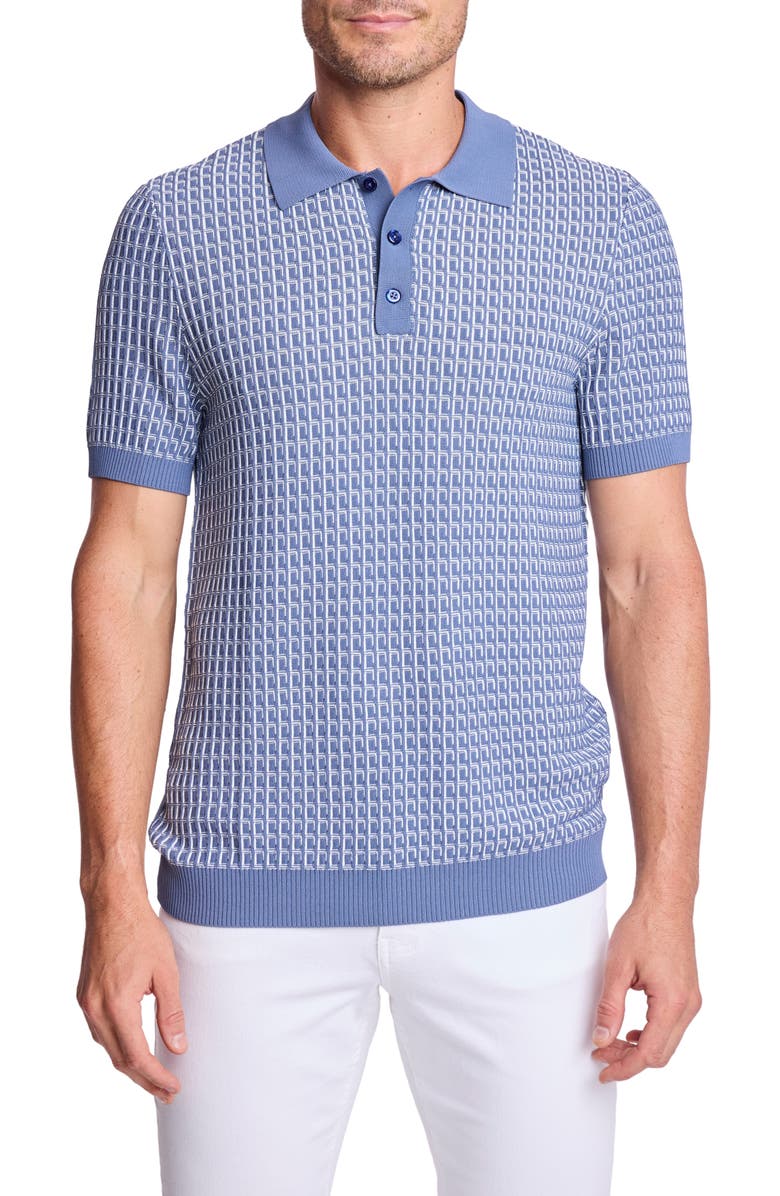 PAISLEY & GRAY Trim Fit Geometric Knit Polo, Main, color, Dusty Blue & White