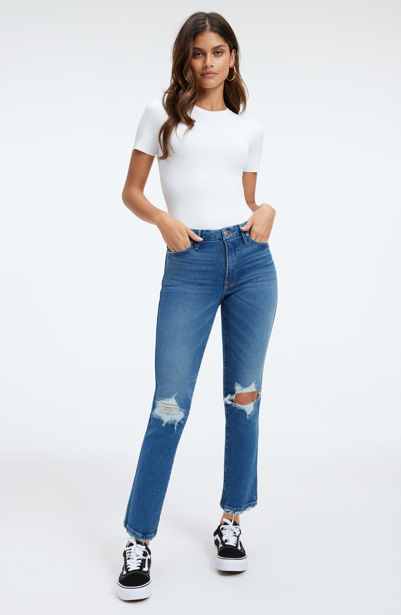 Good American Good Curve High Waist Distressed Straight Leg Jeans, Alternate, color, Indigo337