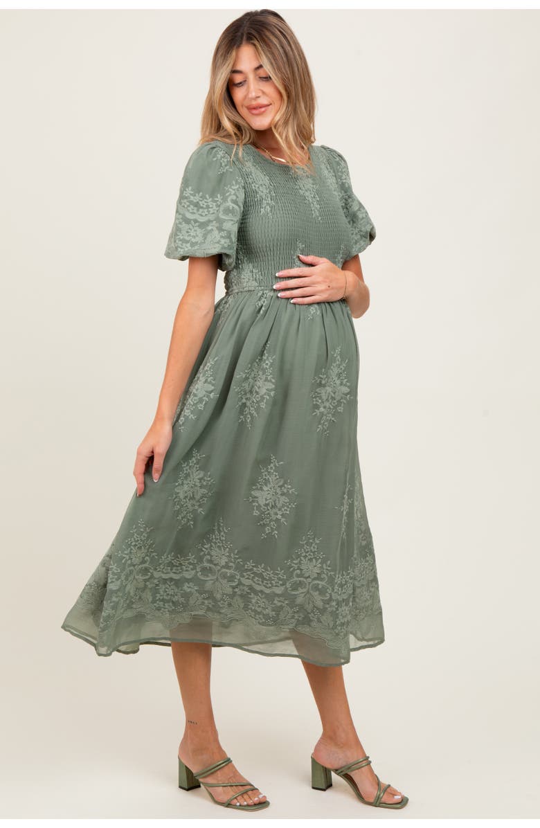 PinkBlush Floral Lace Smocked Midi Dress, Alternate, color, Light Olive