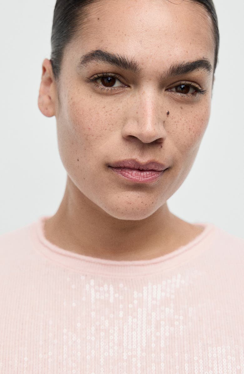 MANGO Short Sleeve Sequin Sweater, Alternate, color, Pastel Pink