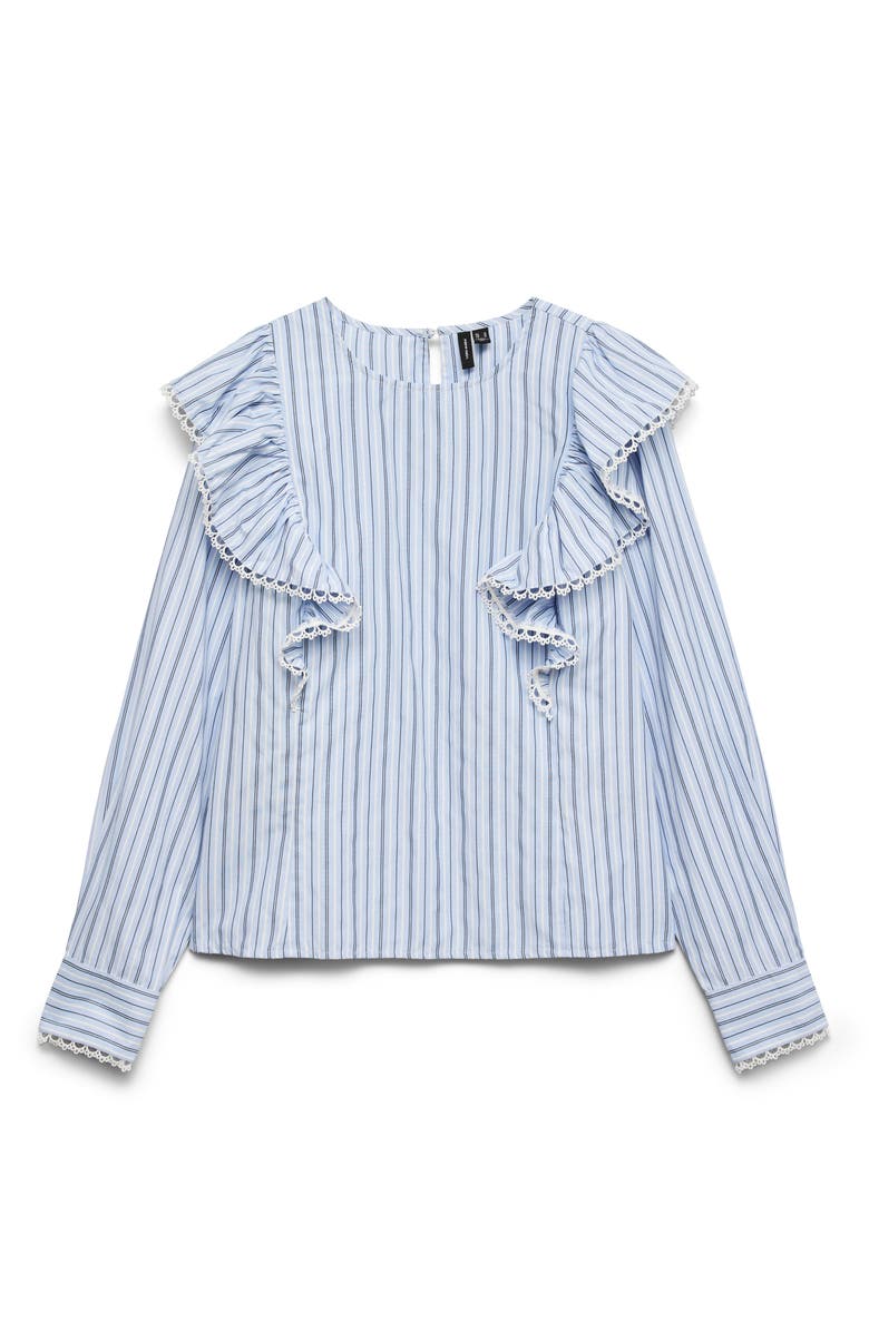 VERO MODA Fanni Embroidered Trim Ruffle Top, Alternate, color, Brunnera Blue W. Stripes
