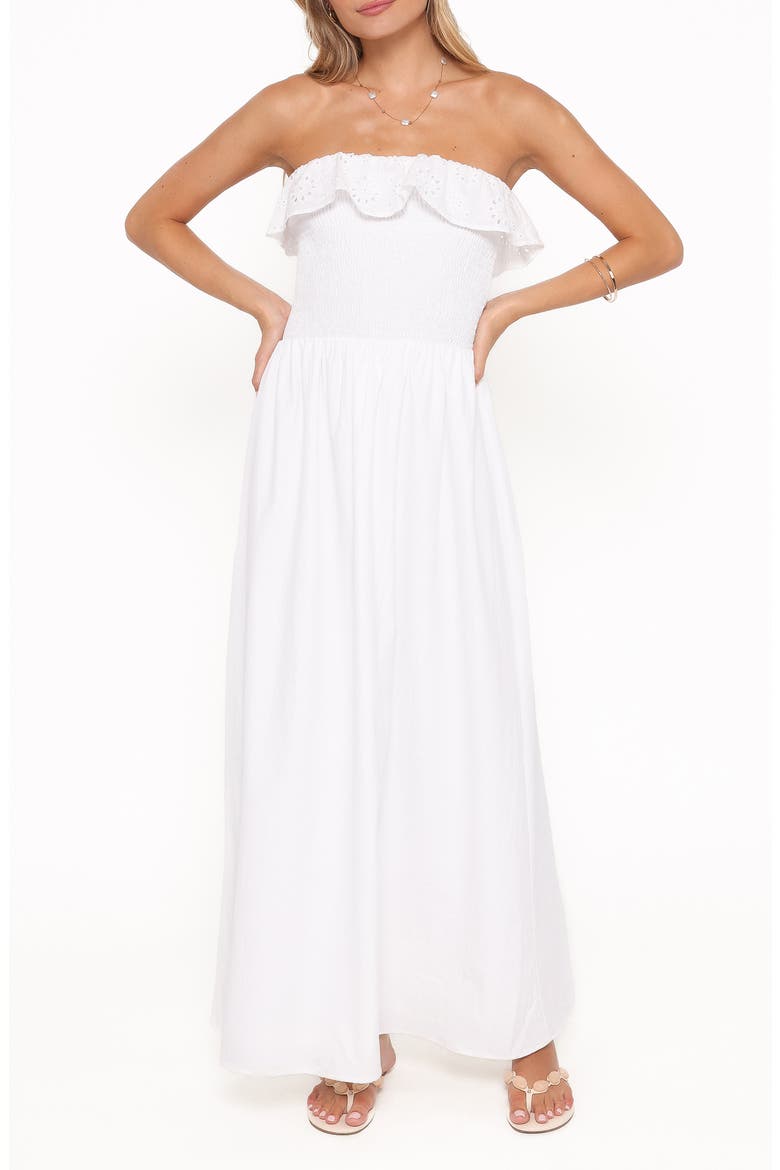 Gilbert Eyelet Ruffle Strapless Maxi Dress, Main, color, WHITE