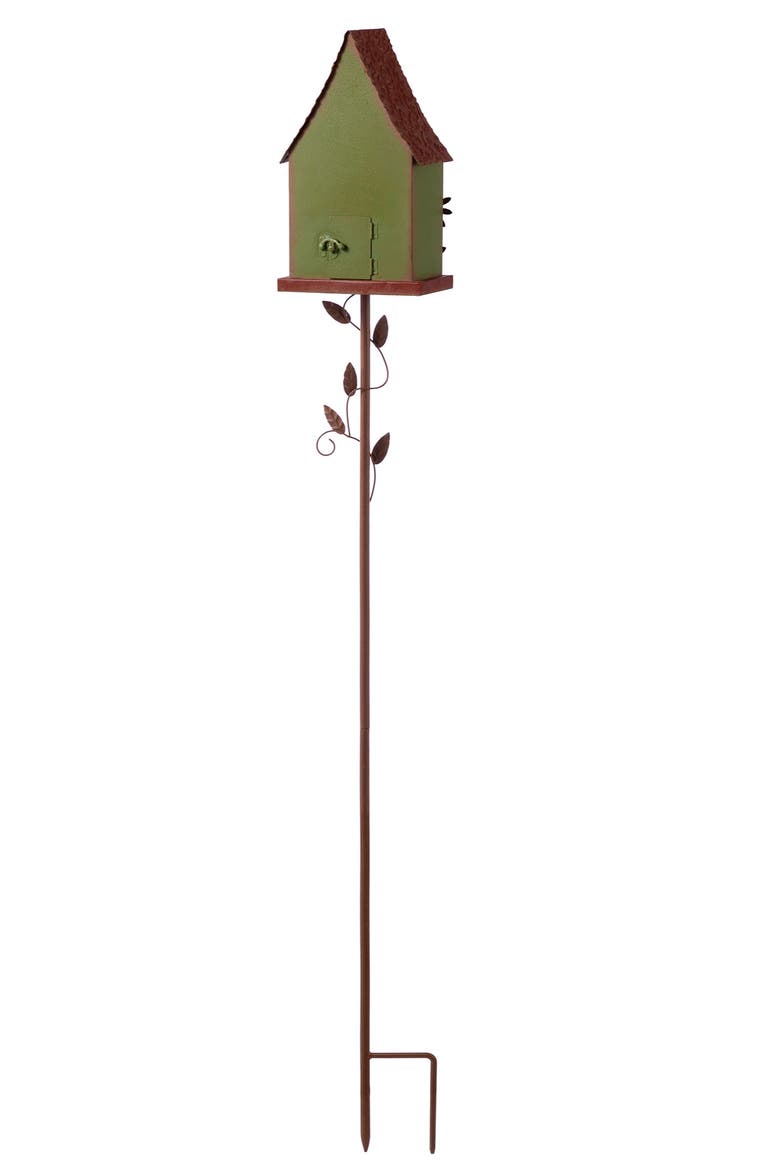 52"H Metal Daisy Decorative Garden Birdhouse with Stake, Alternate, color, Green
