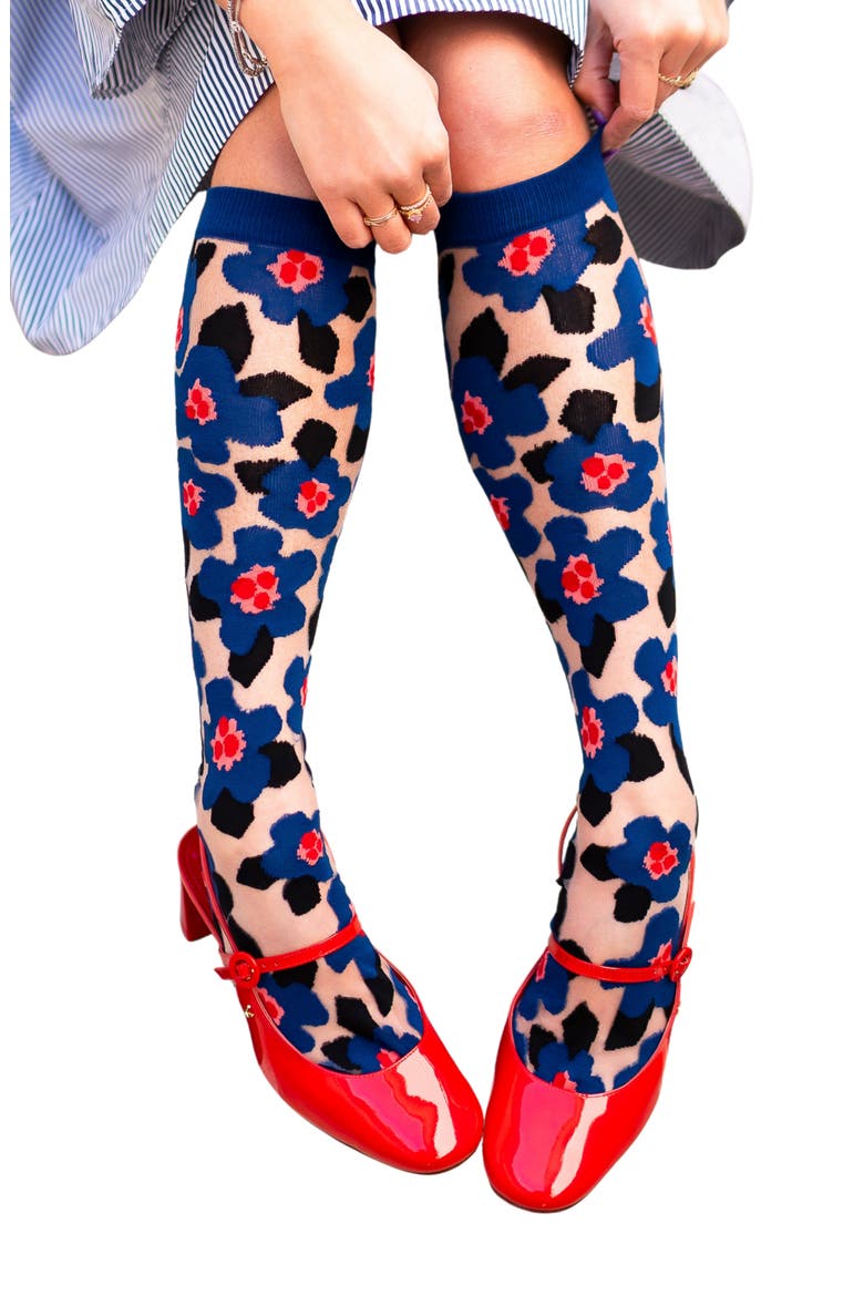 2-Pack Floral Sheer Knee High Socks, Alternate, color, BLUE/ BLACK