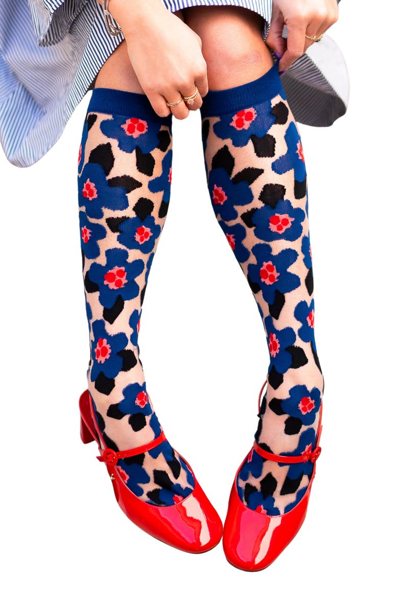 Sock Candy 2-Pack Floral Sheer Knee High Socks, Alternate, color, Blue/ Black