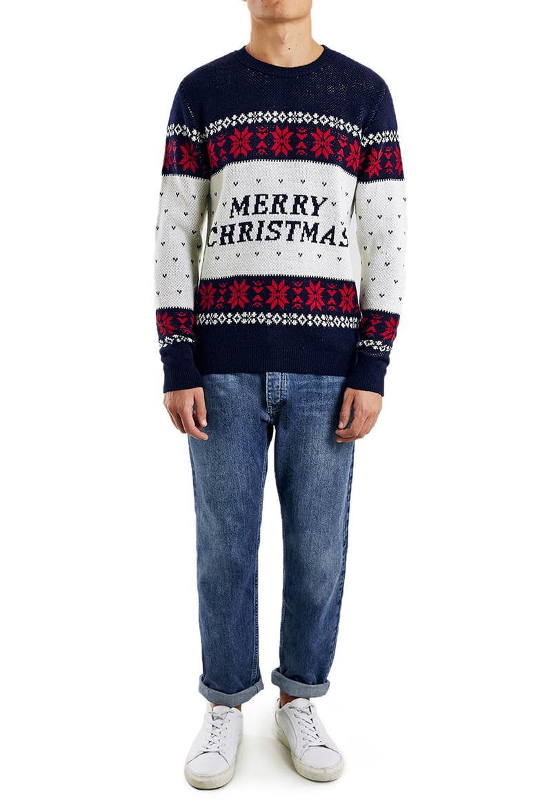 Merry Christmas Jacquard Crewneck Sweater, Alternate, color, NAVY MULTI