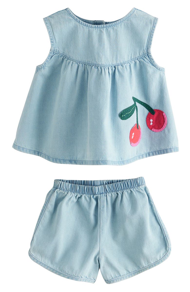 NEXT Kids' Cherry Appliqué Sleeveless Denim Top & Shorts Set, Main, color, 