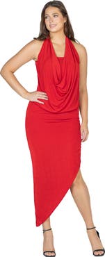24seven Comfort Apparel Womens Cowl Neck Long Asymmetrical Backless Halter Dress
