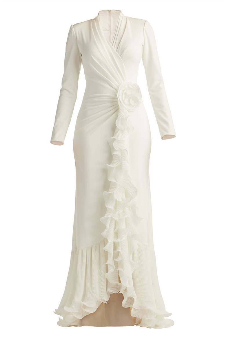 Wire Ruffle Long Sleeve Gown, Alternate, color, IVORY