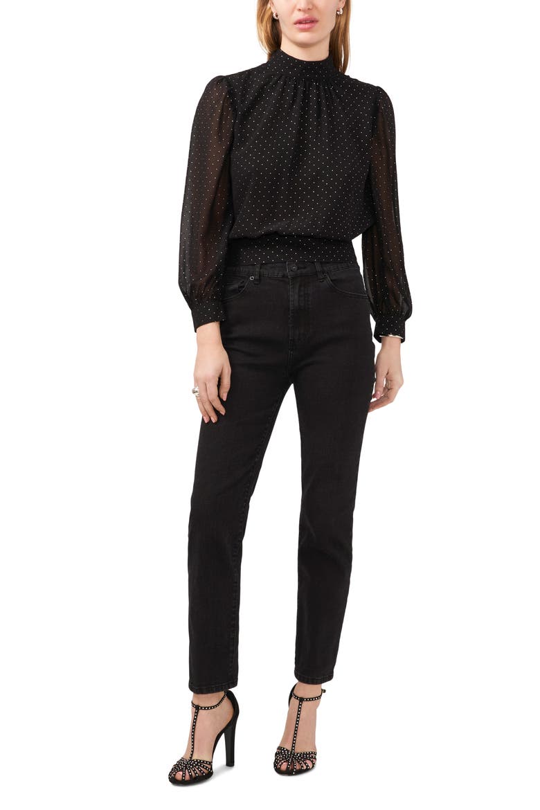 Polka Dot Back Cutout Mock Neck Top, Alternate, color, RICH BLACK