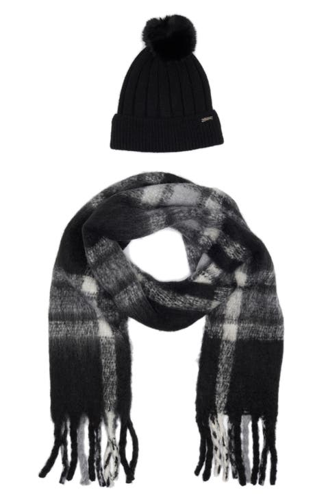 Plaid Scarf & Pompom Beanie Set