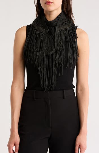 Steve Madden Boho Open Knit Fringe Scarf In Black