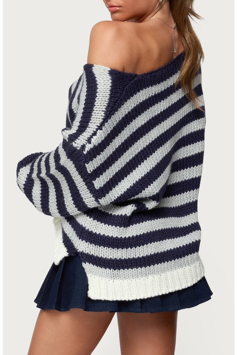 Eugenie Stripe Oversize Off the Shoulder Sweater, Alternate, color, NAVY