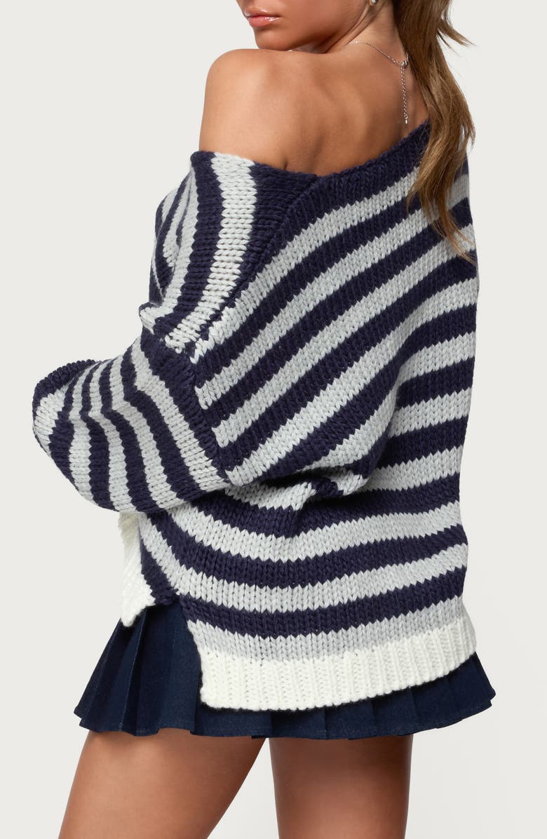 EDIKTED Eugenie Stripe Oversize Off the Shoulder Sweater, Alternate, color, Navy