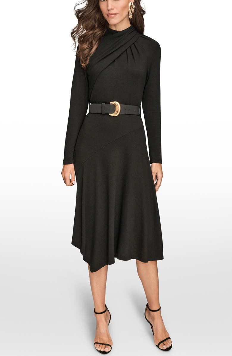 Donna Karan New York Twist Front Long Sleeve Asymmetric Midi Dress, Alternate, color, Black