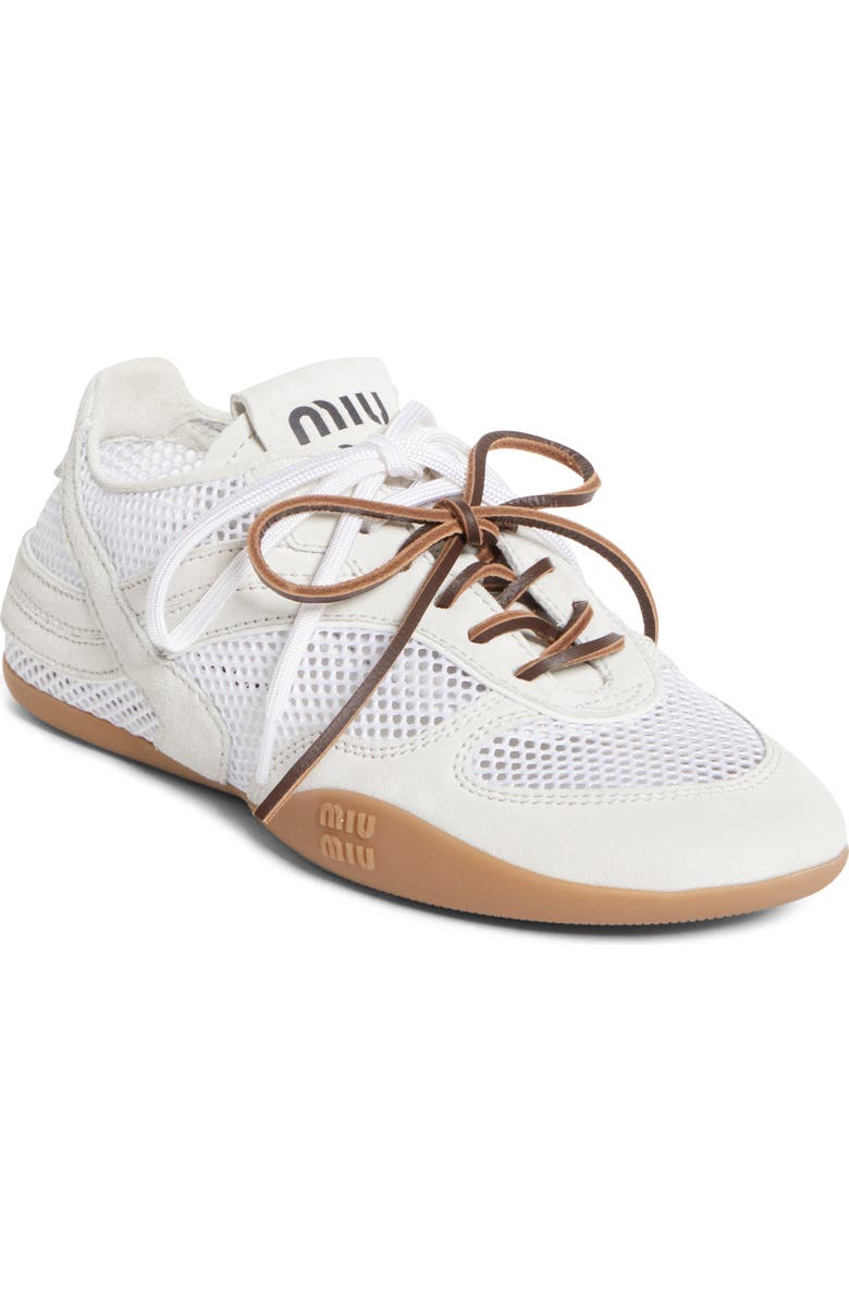 Miu Miu Gymnasium Mixed Media Low Top Sneaker, Main, color, Bianco