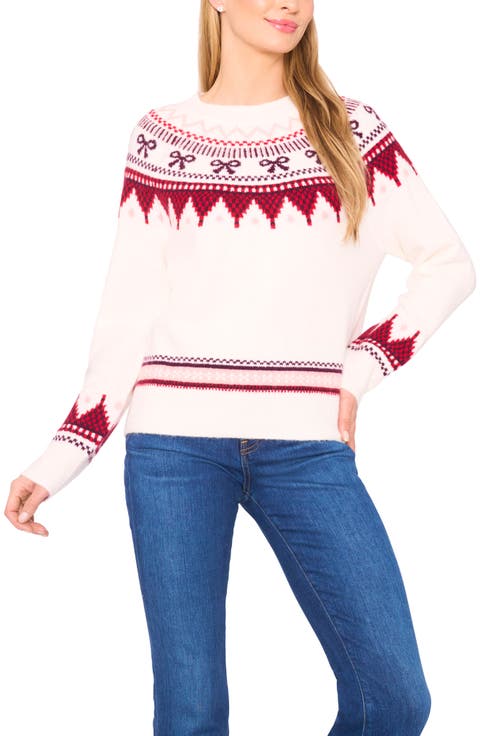 Bow Fair Isle Ribbon Detail Crewneck Sweater