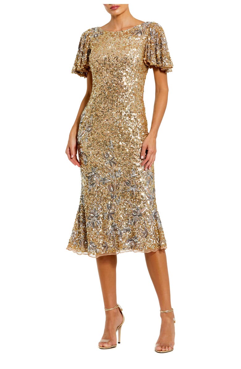 Mac Duggal Women's Flutter Sleeve Floral Embellished Sequin Midi Dress, Main, color, Nude Gold