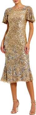 Mac Duggal Women's Flutter Sleeve Floral Embellished Sequin Midi Dress