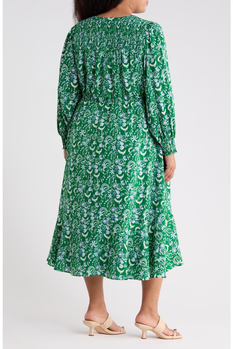 Cabana Floral Keila Long Sleeve Smocked Yoke Midi Dress, Alternate, color, GREEN-BLUE