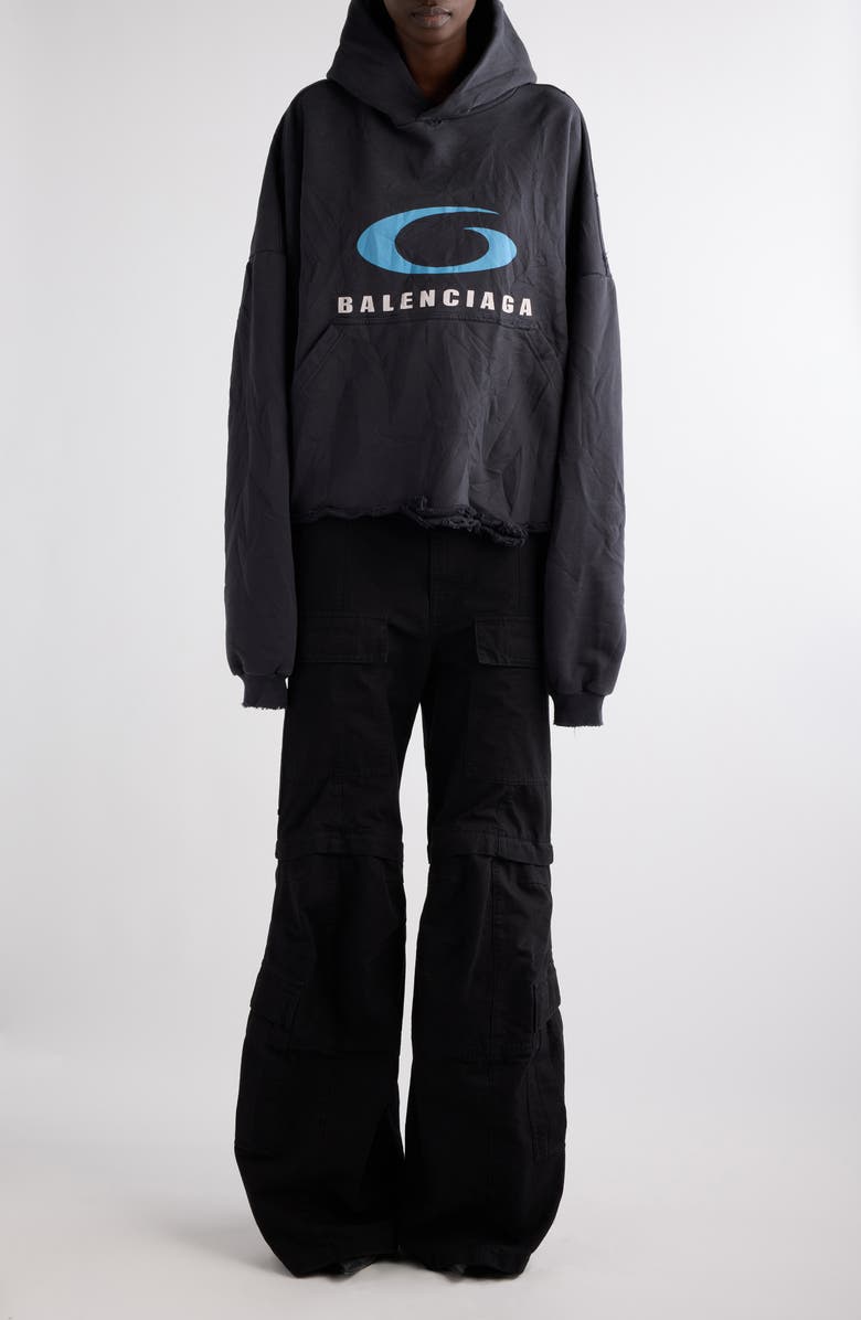 Balenciaga Logo Distressed Crop Graphic Hoodie, Alternate, color, Washed Black/ Blue