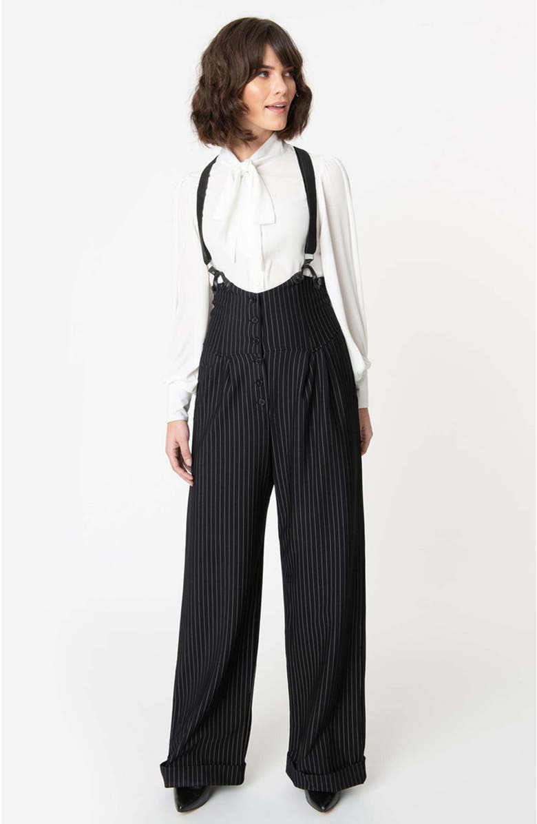 Unique Vintage Thelma High Waist Suspender Pants, Main, color, Black & White Pin Stripe