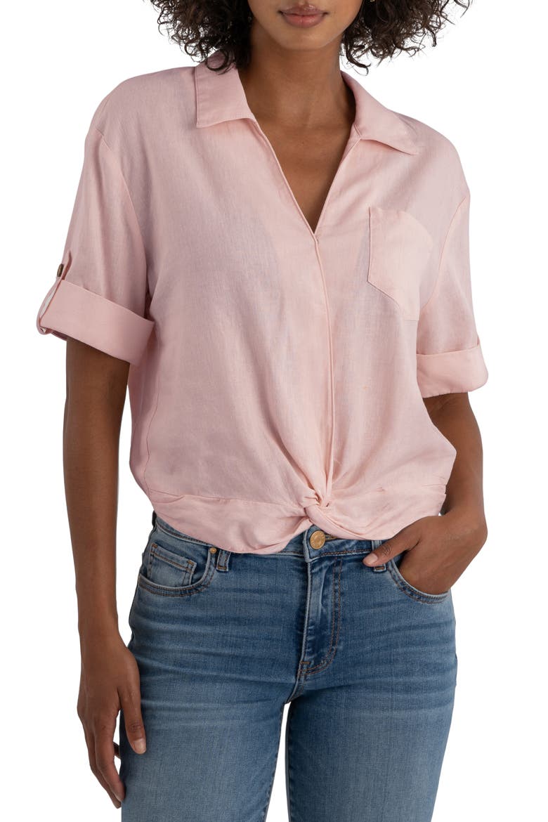 Rebel Knot Front Linen Blend Top, Main, color, PRINCESS