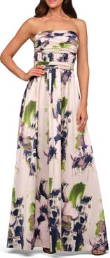 Kay Unger Ida Floral Print Strapless Gown