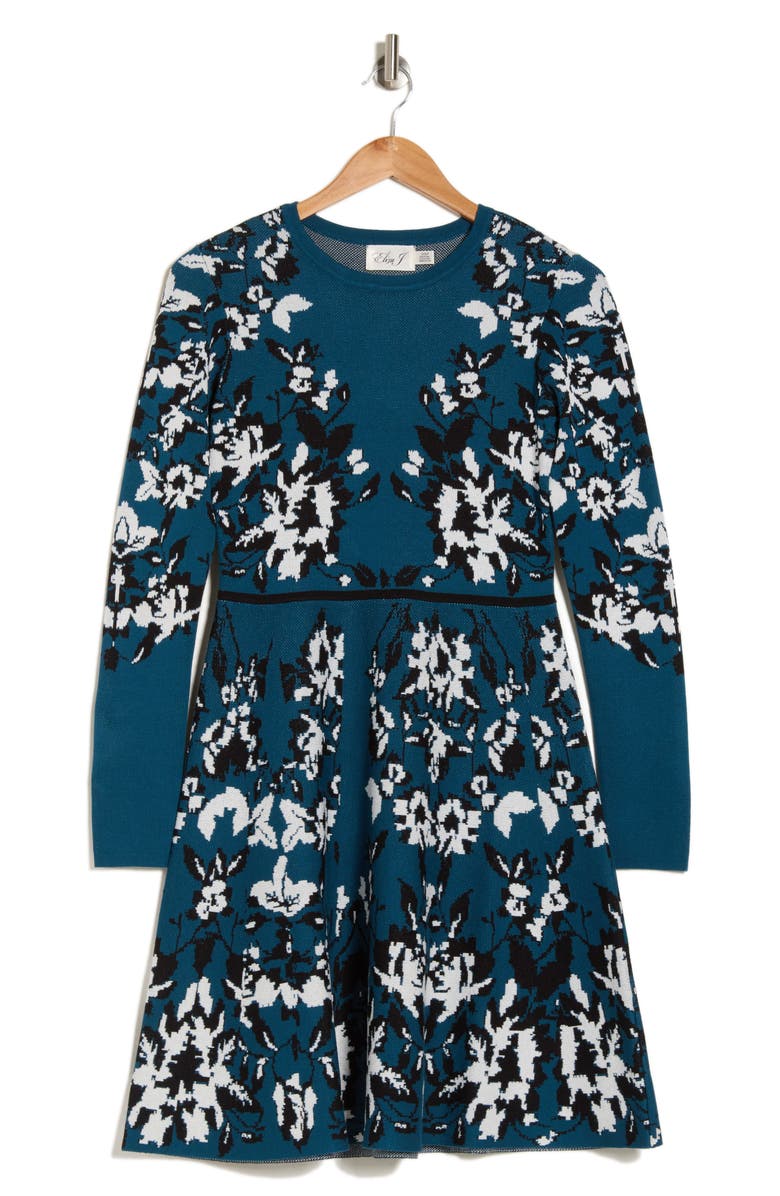 Eliza J Floral Long Sleeve Dress, Alternate, color, Teal