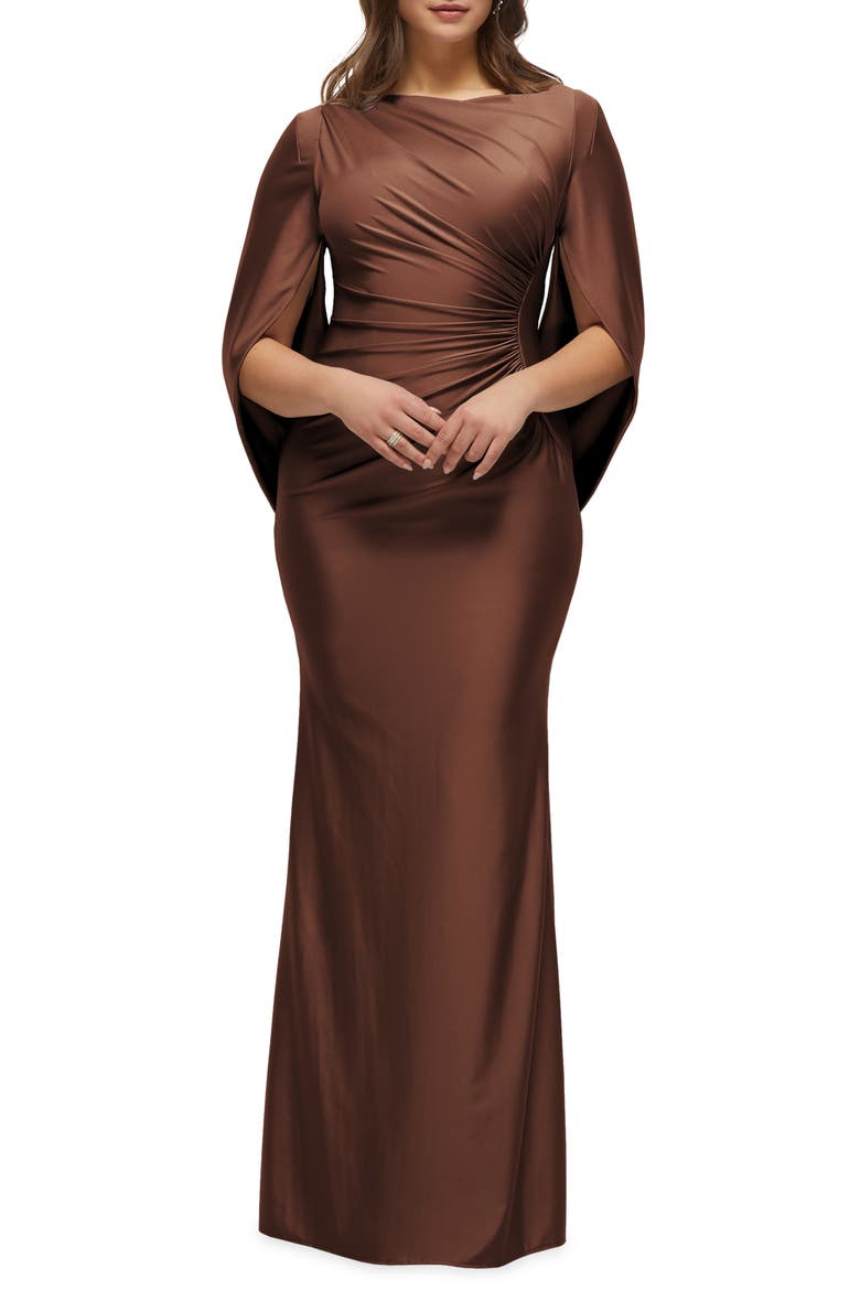 Cape Sleeve Satin Gown, Main, color, COGNAC
