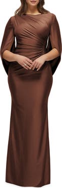 After Six Cape Sleeve Satin Gown
