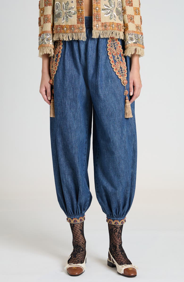 Valentino Garavani Embellished Crop Chambray Balloon Pants, Main, color, Medium Blue Denim