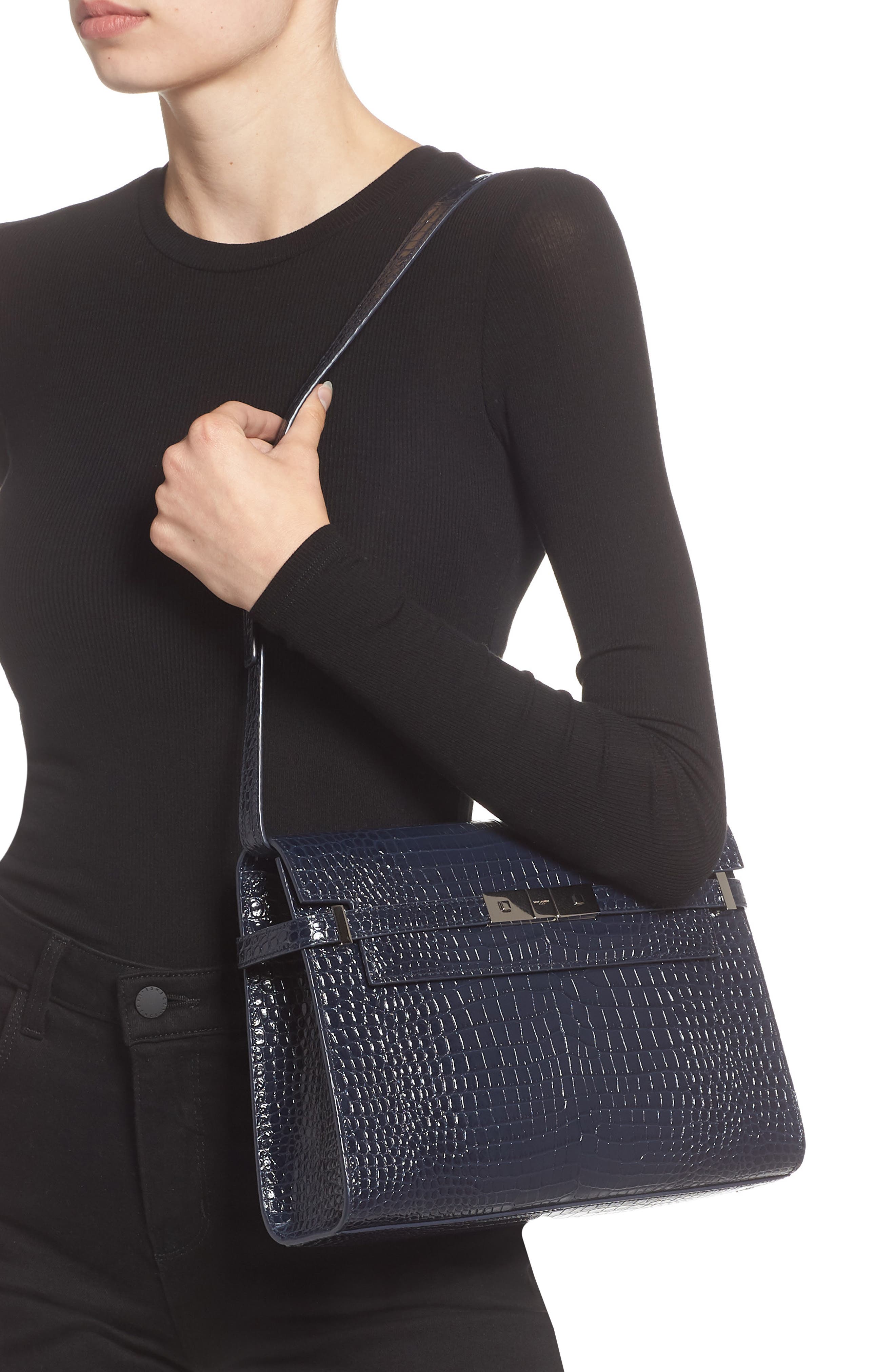 Saint Laurent Manhattan Croc Embossed Calfskin Satchel, Alternate, color, 