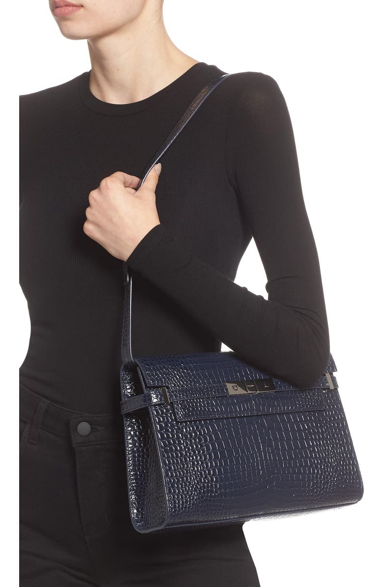 Saint Laurent Manhattan Croc Embossed Calfskin Satchel, Alternate, color,
