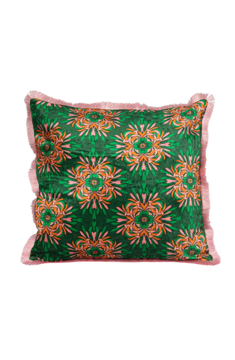 Storied Home Cotton Blend Velvet Printed Pillow with Floral Pattern and Eyelash Fringe, Green, Pink and Orange Color, Main, color, Green