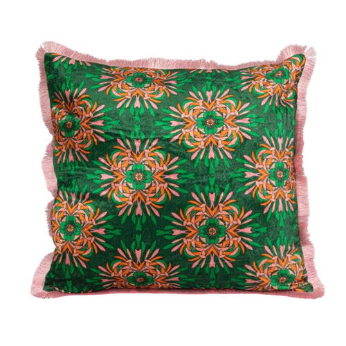 Storied Home Cotton Blend Velvet Printed Pillow With Floral Pattern And Eyelash Fringe, Green, Pink