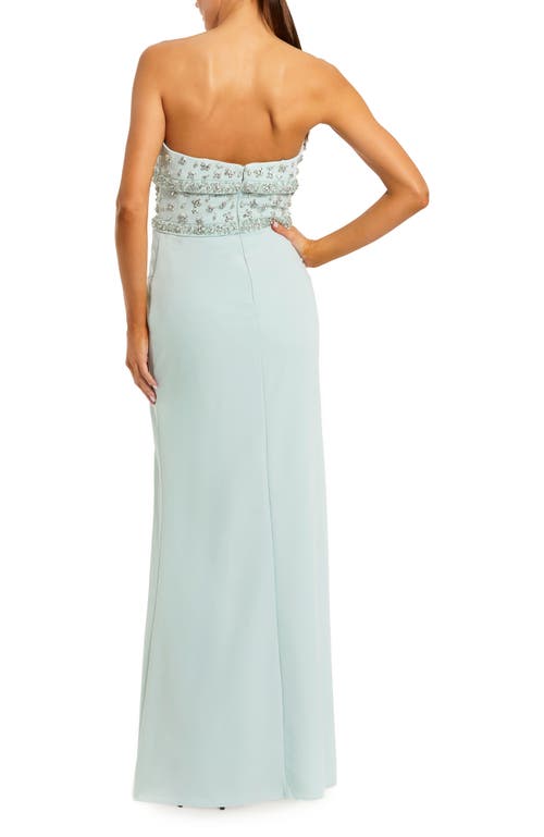 Mac Duggal Strapless Crepe Fitted Gown With Rhinestones In Mint