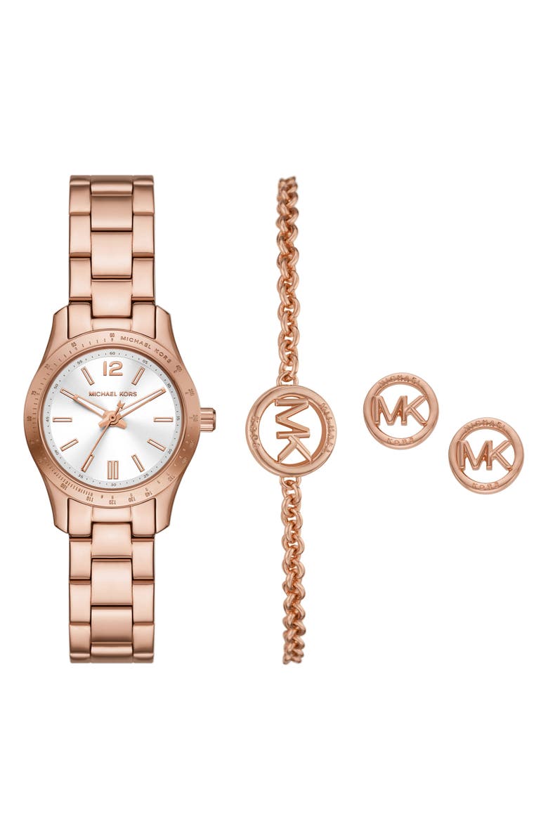 Michael Kors Berkley Bracelet Watch, Bracelet & Stud Earrings Set, 28mm, Alternate, color,