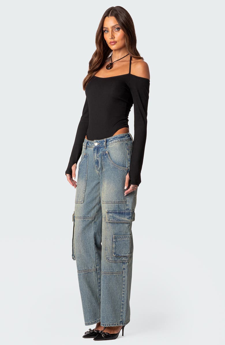 EDIKTED Model Off Duty Cold Shoulder Rib Bodysuit, Alternate, color, Black