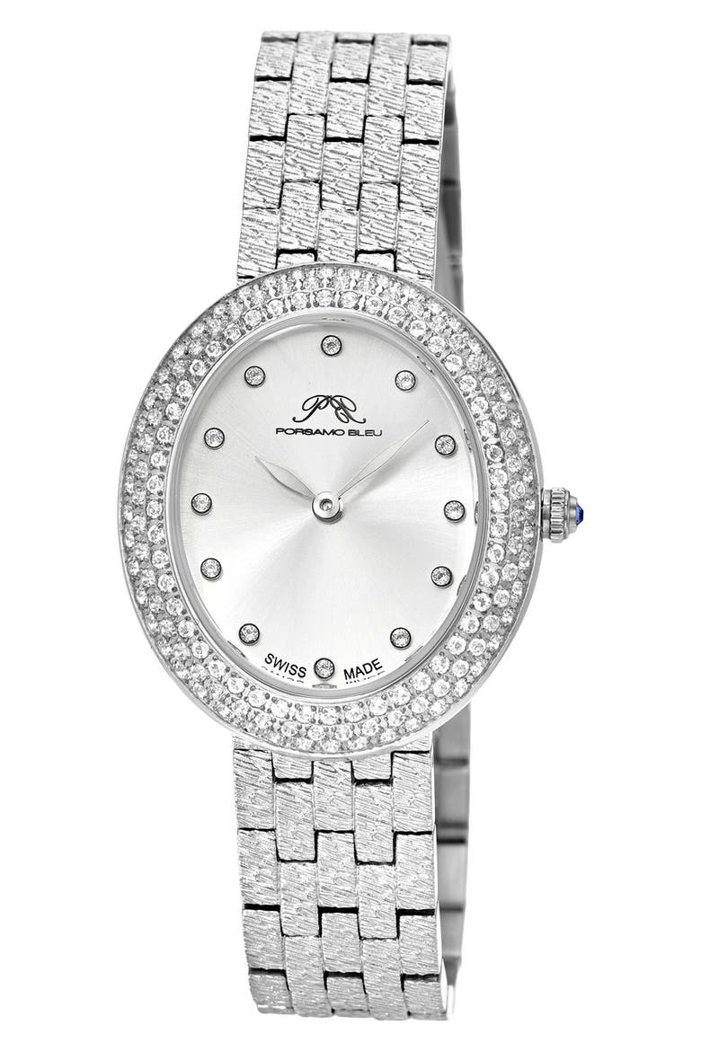 Women's Porsamo Bleu Angelica Oval Sunray Dial Topaz Stainless Steel Watch, Main, color, SILVER