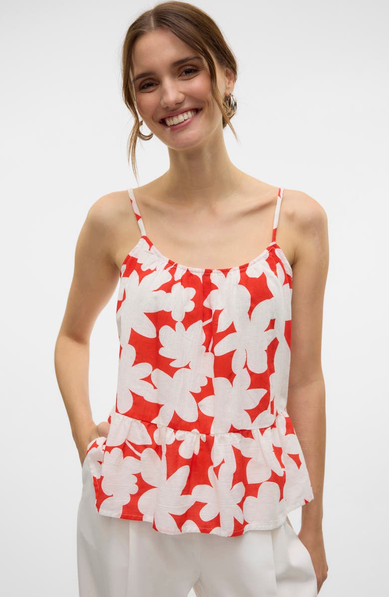 VERO MODA Dicthe Floral Peplum Organic Cotton Camisole, Alternate, color, Fiery Red Aoploa