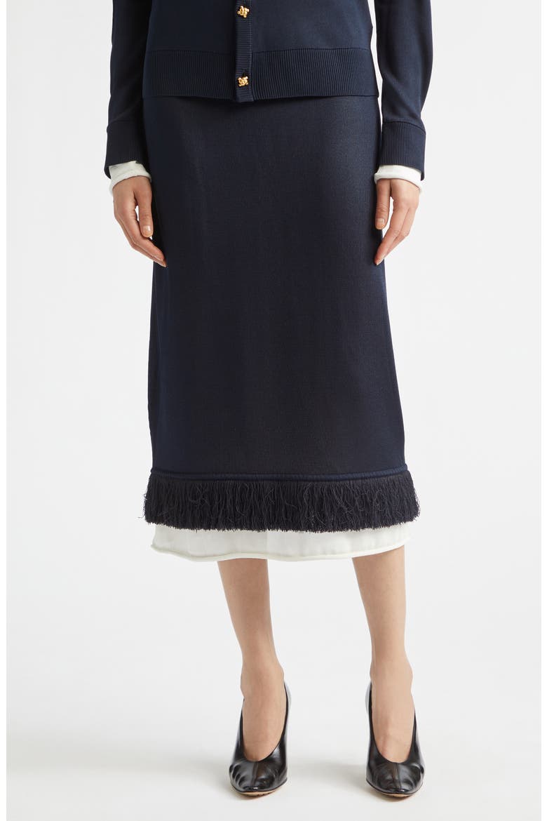 Fringe Double Layer Silk Sweater Skirt, Main, color, 4073 MIDNIGHT BLUE/ CHALK