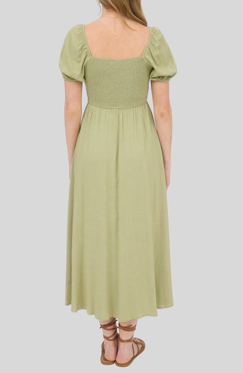 Blu Pepper Puff Sleeve Smocked Midi Dress In Green