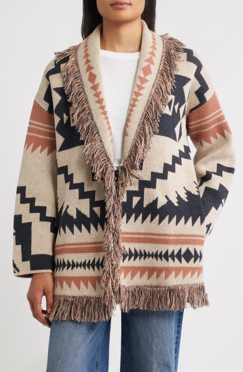 Pendleton Fringe Trim Cotton & Merino Wool Cardigan, Alternate, color, Natural Multi