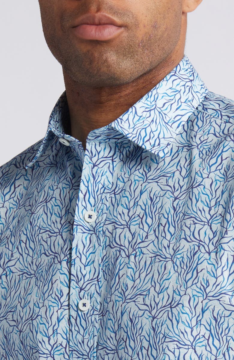 Bugatchi Orson Leaf Print Stretch Cotton Camp Shirt, Alternate, color, Aqua Blue