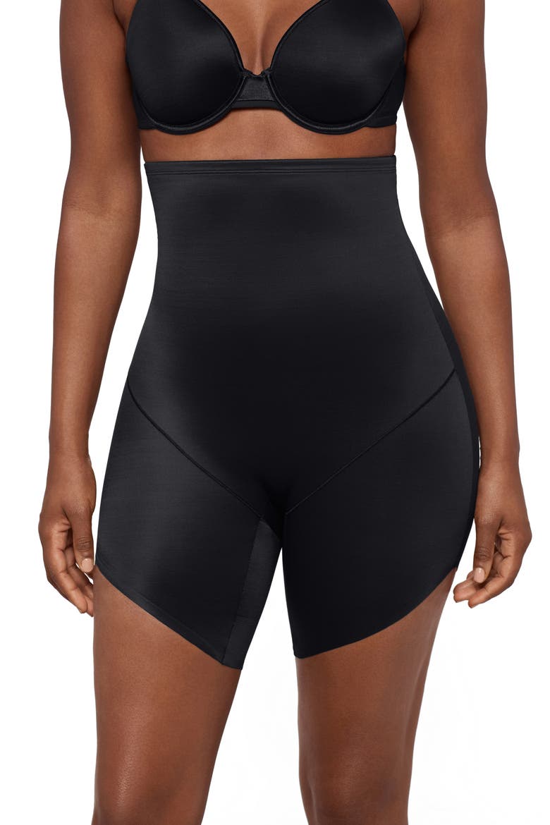 Show Stopper High Waist Slant Hem Shorts, Main, color, BLACK
