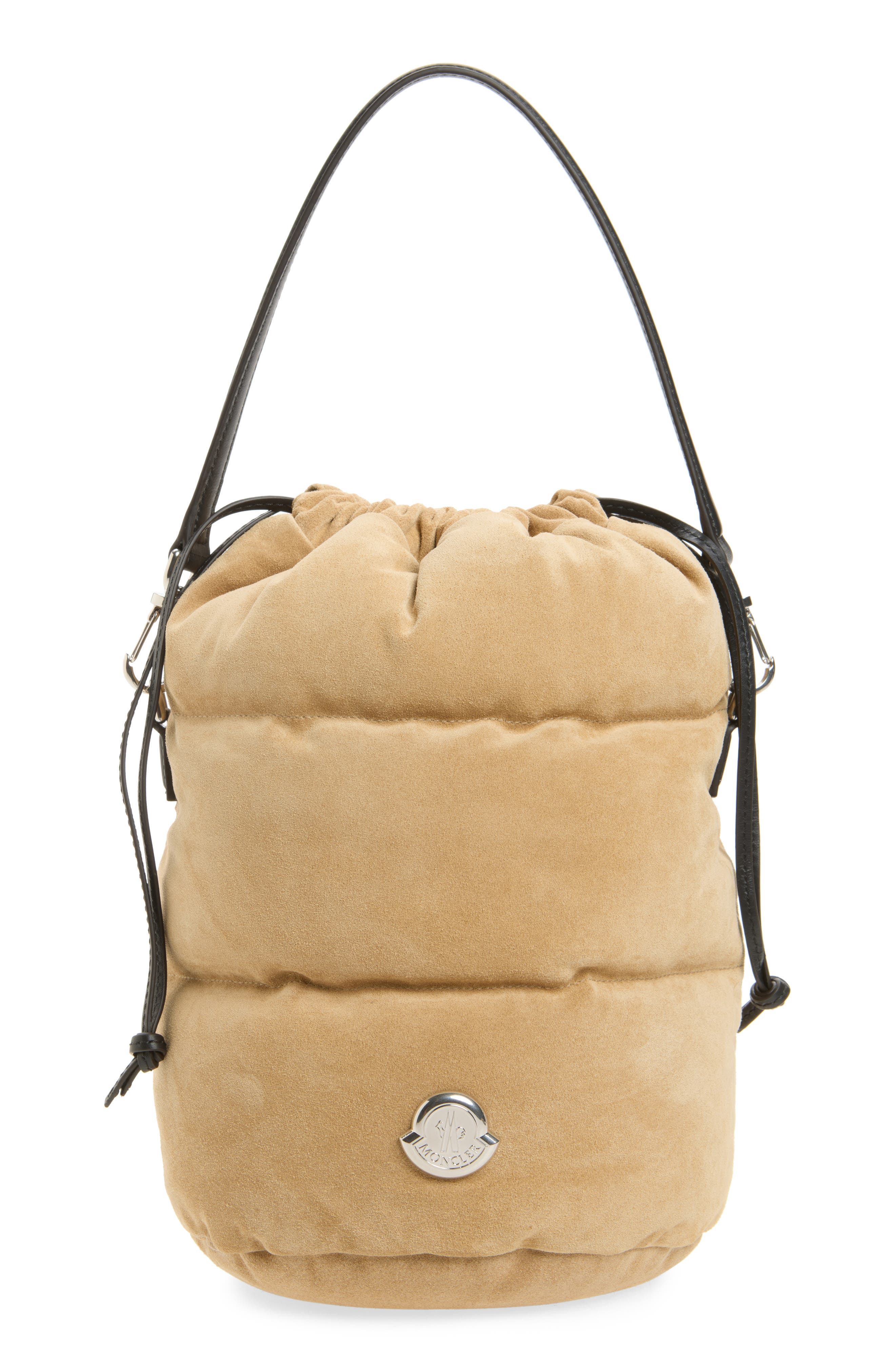 Caradoc Quilted Puffer Suede Bucket Bag, Main, color, BEIGE