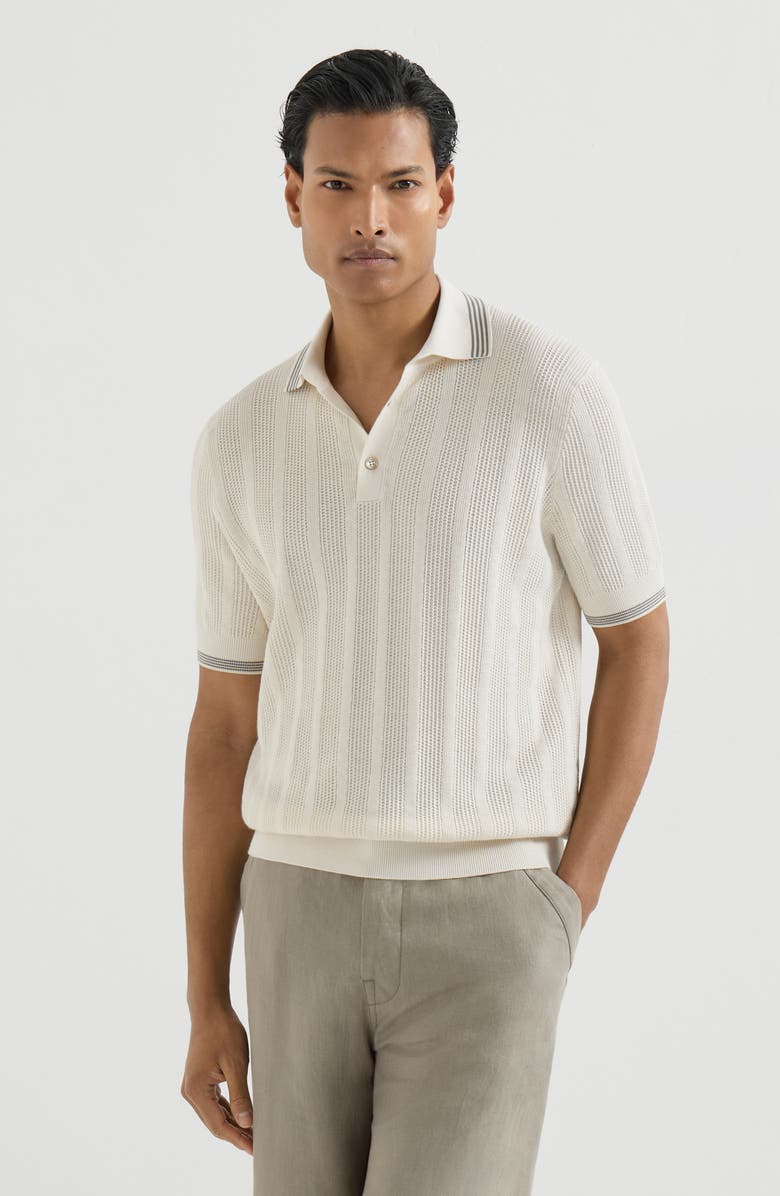 Brunello Cucinelli Cotton textured rib knit polo, Main, color, White