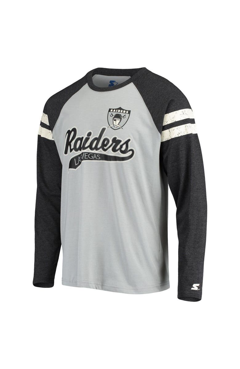 STARTER Men's Starter Silver/Black Las Vegas Raiders Throwback League Raglan Long Sleeve Tri-Blend T-Shirt, Alternate, color, Silver